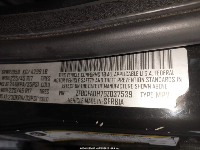 45195419 :رقم المزاد ، ZFBCFADH7GZ037539 vin ، 2016 Fiat 500l Trekking مزاد بيع