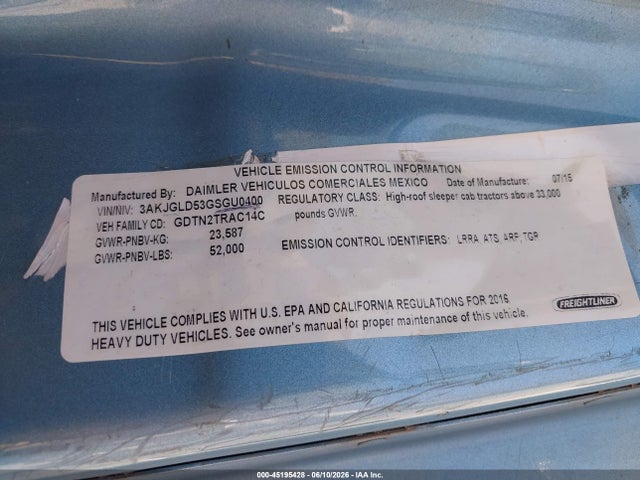 Aukcja sprzedaży 2016 Freightliner Cascadia 125, vin: 3AKJGLD53GSGU0400, numer aukcji: 45195428