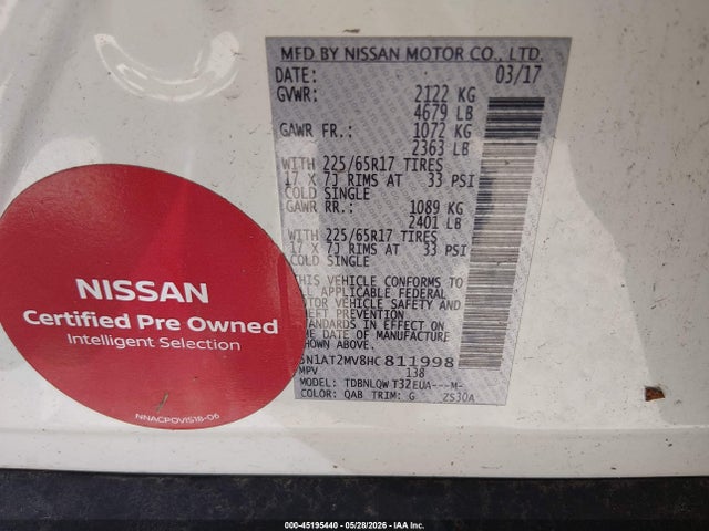 Aukcja sprzedaży 2017 Nissan Rogue Sv, vin: 5N1AT2MV8HC811998, numer aukcji: 45195440