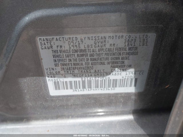 2017 Nissan Sentra S მანქანა იყიდება აუქციონზე, vin: 3N1AB7AP4HY403650, აუქციონის ნომერი: 45195442