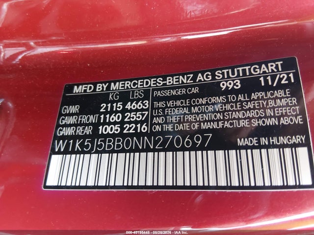 45195448 :رقم المزاد ، W1K5J5BB0NN270697 vin ، 2022 Mercedes-benz Amg Cla 35 4matic مزاد بيع