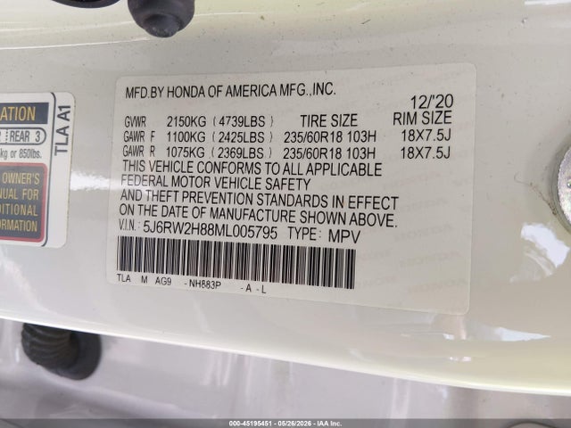 Aukcja sprzedaży 2021 Honda Cr-v Awd Ex-l, vin: 5J6RW2H88ML005795, numer aukcji: 45195451