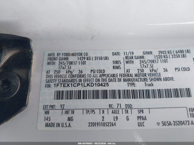 Aukcja sprzedaży 2020 Ford F-150 Xlt, vin: 1FTEX1CP1LKD10425, numer aukcji: 45195453