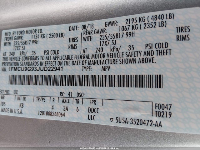 Ford ESCAPE SE 2018 1FMCU9G93JUD22941 Image 9