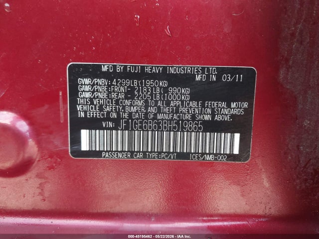 2011 Subaru Impreza 2.5i Premium მანქანა იყიდება აუქციონზე, vin: JF1GE6B63BH519865, აუქციონის ნომერი: 45195462