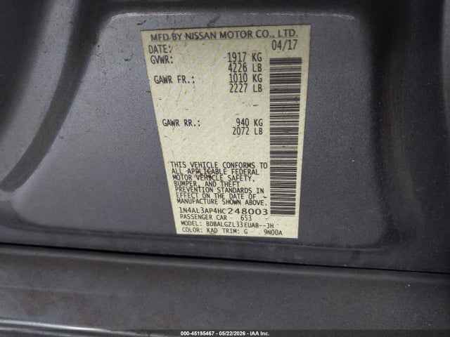 Продаж на аукціоні авто 2017 Nissan Altima 2.5 S, vin: 1N4AL3AP4HC248003, номер лоту: 45195467