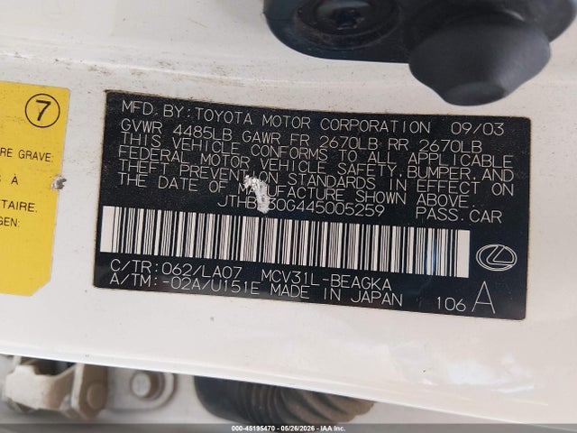 Aukcja sprzedaży 2004 Lexus Es 330, vin: JTHBA30G445005259, numer aukcji: 45195470