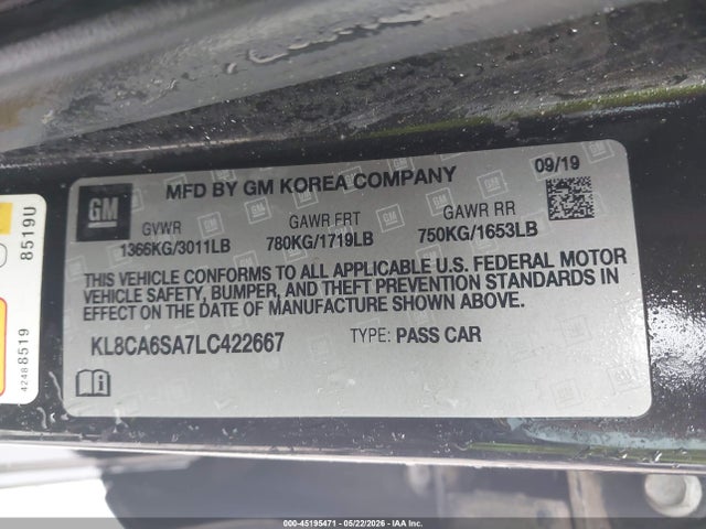 Aukcja sprzedaży 2020 Chevrolet Spark Fwd Ls Manual, vin: KL8CA6SA7LC422667, numer aukcji: 45195471