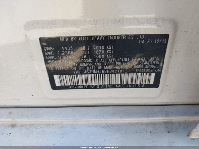 45195475 :رقم المزاد ، 4S3BMBJ68E3021812 vin ، 2014 Subaru Legacy 2.5 I Sport مزاد بيع