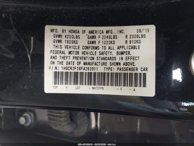 Aukcja sprzedaży 2015 Honda Accord Lx, vin: 1HGCR2F36FA260911, numer aukcji: 45195476
