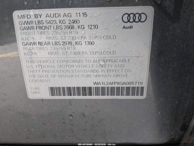 2016 Audi Q5 2.0t Premium მანქანა იყიდება აუქციონზე, vin: WA1L2AFPXGA085719, აუქციონის ნომერი: 45195480