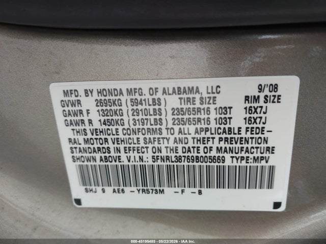 Продажа на аукционе авто 2009 Honda Odyssey Ex-l, vin: 5FNRL38769B005669, номер лота: 45195485