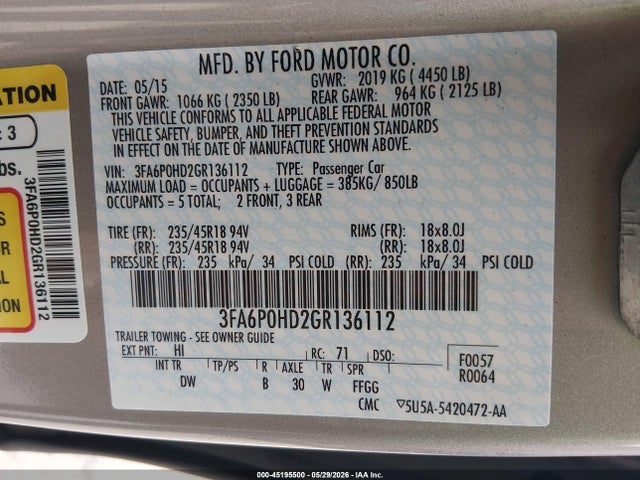 2016 Ford Fusion Se მანქანა იყიდება აუქციონზე, vin: 3FA6P0HD2GR136112, აუქციონის ნომერი: 45195500
