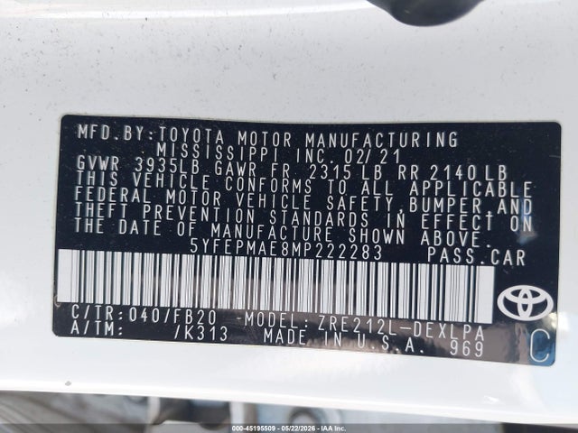 5YFEPMAE8MP222283 Toyota COROLLA LE