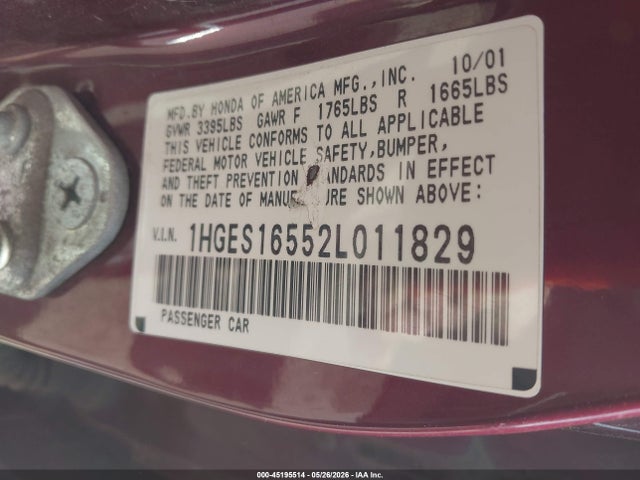 Продаж на аукціоні авто 2002 Honda Civic Lx, vin: 1HGES16552L011829, номер лоту: 45195514