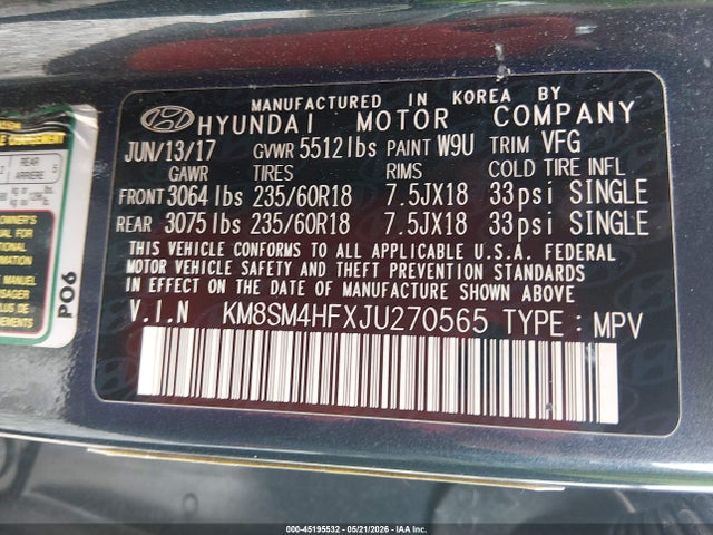 Продажа на аукционе авто 2018 Hyundai Santa Fe Se, vin: KM8SM4HFXJU270565, номер лота: 45195532