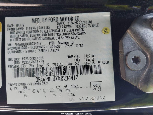 Aukcja sprzedaży 2019 Ford Fusion Hybrid Se, vin: 3FA6P0LUXKR234417, numer aukcji: 45195543