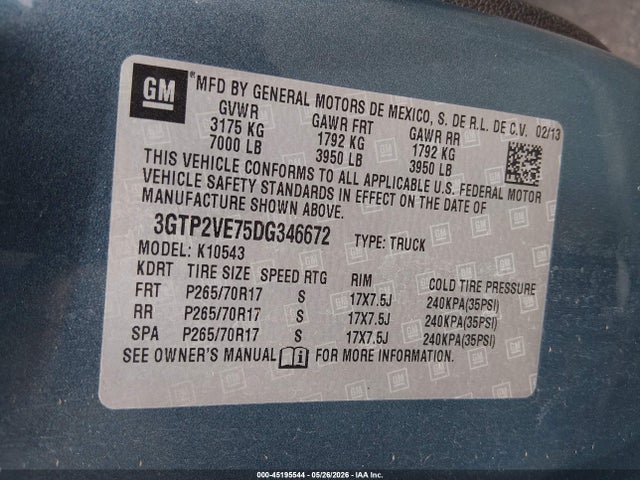 Продаж на аукціоні авто 2013 Gmc Sierra 1500 Sle, vin: 3GTP2VE75DG346672, номер лоту: 45195544