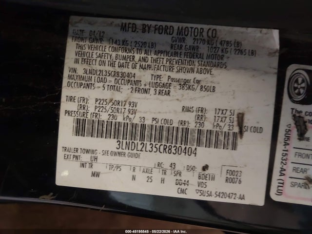 45195545 :رقم المزاد ، 3LNDL2L35CR830404 vin ، 2012 Lincoln Mkz Hybrid مزاد بيع
