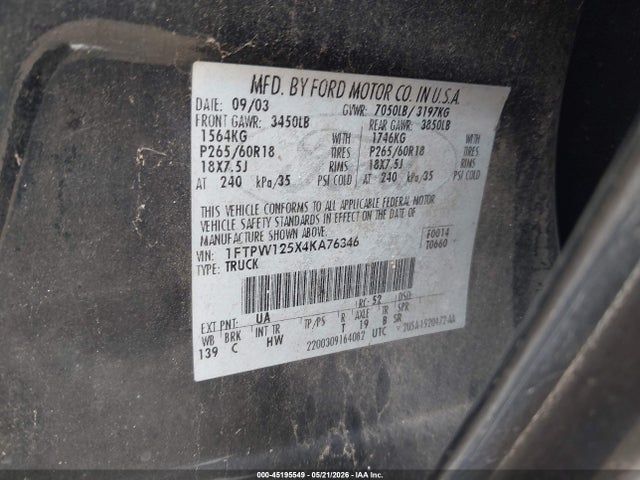 Aukcja sprzedaży 2004 Ford F-150 Lariat/xlt, vin: 1FTPW125X4KA76346, numer aukcji: 45195549