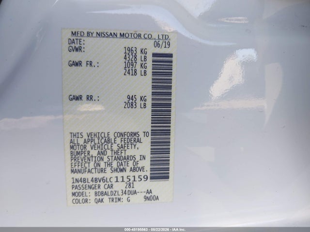 1N4BL4BV6LC115159 Nissan Altima S Fwd