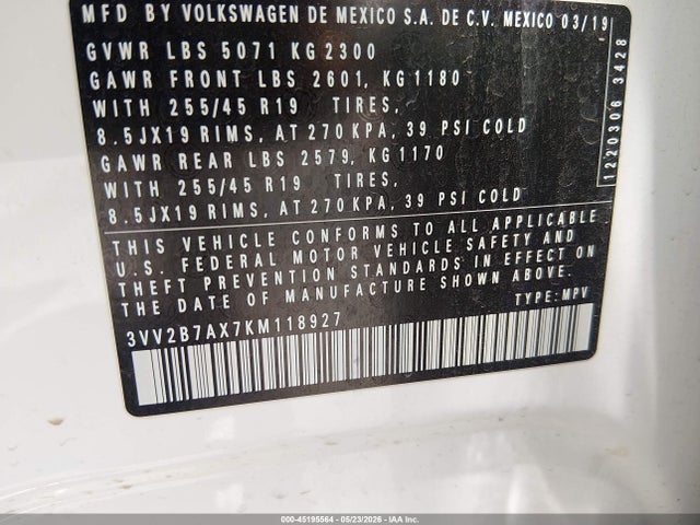 3VV2B7AX7KM118927 Volkswagen Tiguan 2.0t Se/2.0t Sel/2.0t Sel R-line/2.0t Sel R-line Black