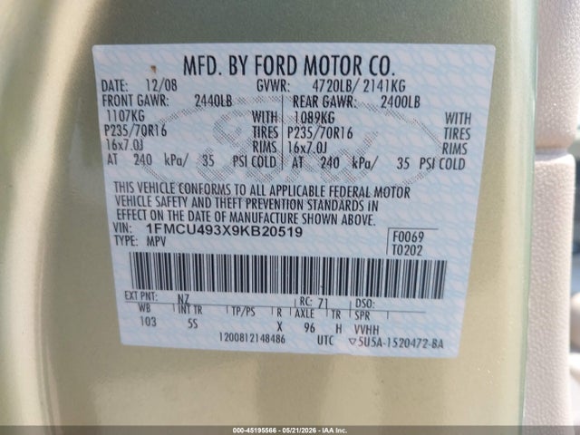 45195566 :رقم المزاد ، 1FMCU493X9KB20519 vin ، 2009 Ford Escape Hybrid Limited مزاد بيع