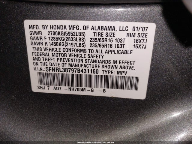 Aukcja sprzedaży 2007 Honda Odyssey Ex-l, vin: 5FNRL38797B431160, numer aukcji: 45195574