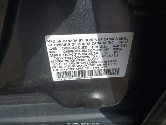 45195577 :رقم المزاد ، 2HNYD2H20CH531069 vin ، 2012 Acura Mdx مزاد بيع