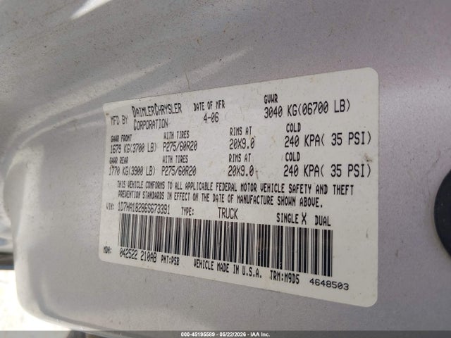 Aukcja sprzedaży 2006 Dodge Ram 1500 Slt, vin: 1D7HA18286S673391, numer aukcji: 45195589