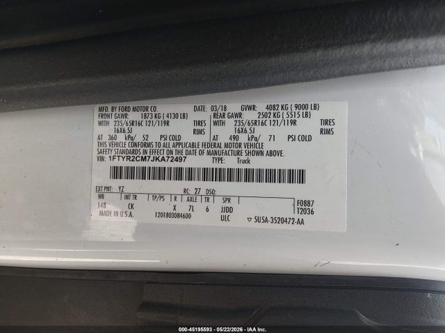 Aukcja sprzedaży 2018 Ford Transit-250, vin: 1FTYR2CM7JKA72497, numer aukcji: 45195593