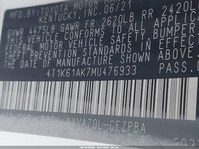 4T1K61AK7MU476933 Toyota CAMRY XSE