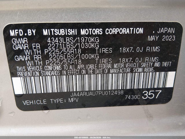 45195600 :رقم المزاد ، JA4ARUAU7PU012498 vin ، 2023 Mitsubishi Outlander Sport 2.0 Es Awc/2.0 Le Awc/2.0 Ralliart Awc/2.0 S Awc/2.0 Se Awc مزاد بيع