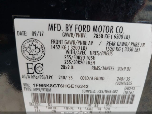 Ford EXPLORER SPORT 2017 1FM5K8GT6HGE16342 Image 9