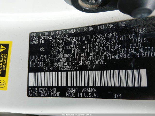 Aukcja sprzedaży 2012 Toyota Highlander Se V6, vin: 5TDZK3EH5CS059077, numer aukcji: 45195603