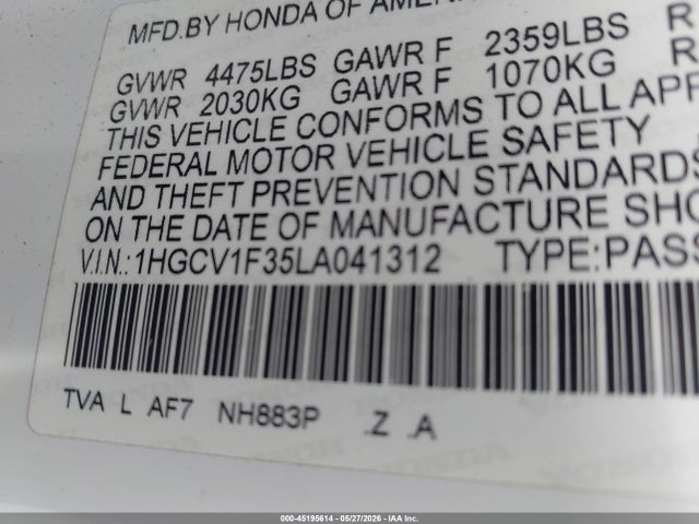 Aukcja sprzedaży 2020 Honda Accord Sport, vin: 1HGCV1F35LA041312, numer aukcji: 45195614