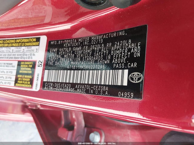 Aukcja sprzedaży 2019 Toyota Camry Se, vin: 4T1B11HK5KU221246, numer aukcji: 45195619