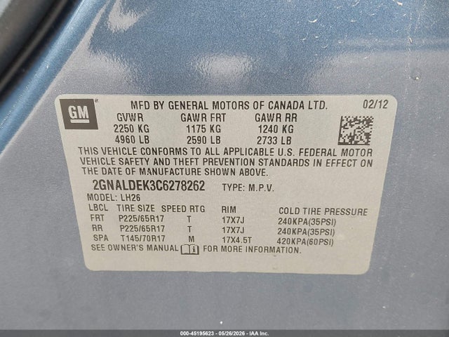 45195623 :رقم المزاد ، 2GNALDEK3C6278262 vin ، 2012 Chevrolet Equinox 1lt مزاد بيع