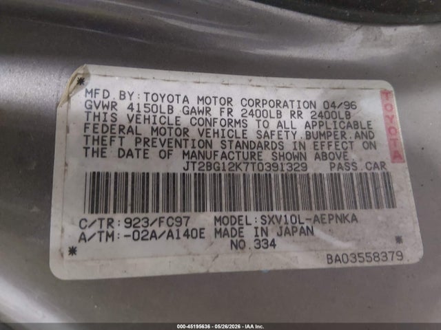 Aukcja sprzedaży 1996 Toyota Camry Dx/le/xle, vin: JT2BG12K7T0391329, numer aukcji: 45195636
