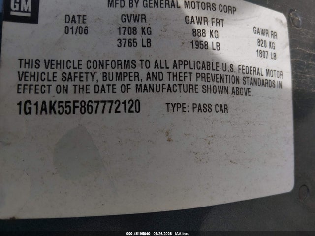 45195640 :رقم المزاد ، 1G1AK55F867772120 vin ، 2006 Chevrolet Cobalt Ls مزاد بيع