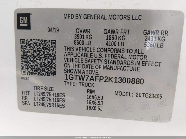 45195641 :رقم المزاد ، 1GTW7AFP2K1300880 vin ، 2019 Gmc Savana 2500 Work Van مزاد بيع