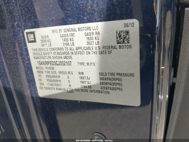 Aukcja sprzedaży 2012 Gmc Acadia Sle, vin: 1GKKRPED3CJ352107, numer aukcji: 45195659