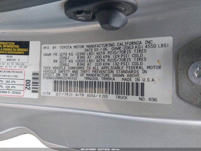 45195668 :رقم المزاد ، 5TENX22N86Z246910 vin ، 2006 Toyota Tacoma مزاد بيع