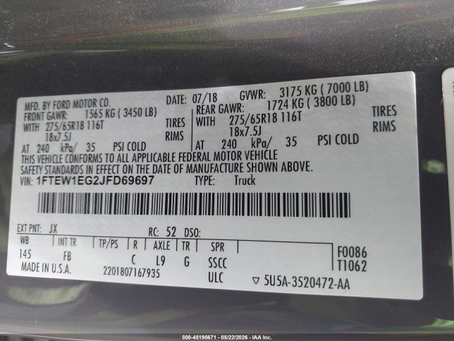 Ford F-150 Xlt 2018 1FTEW1EG2JFD69697 Image 9