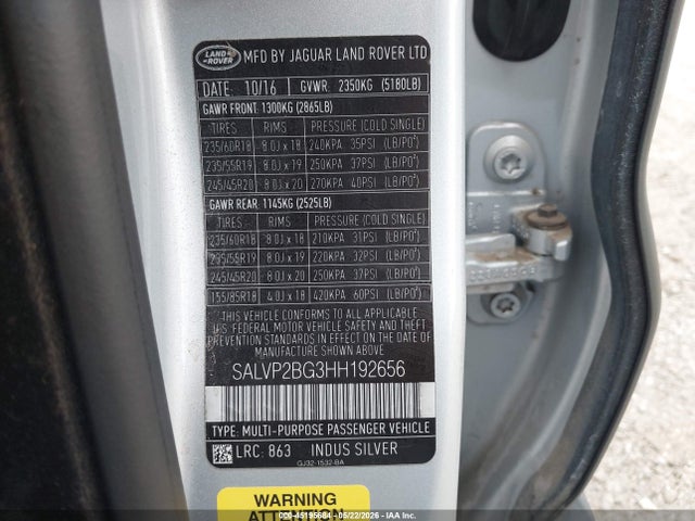 Aukcja sprzedaży 2017 Land Rover Range Rover Evoque Se/se Premium, vin: SALVP2BG3HH192656, numer aukcji: 45195684