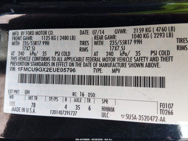 2014 Ford Escape Se მანქანა იყიდება აუქციონზე, vin: 1FMCU9GX2EUE05796, აუქციონის ნომერი: 45195686