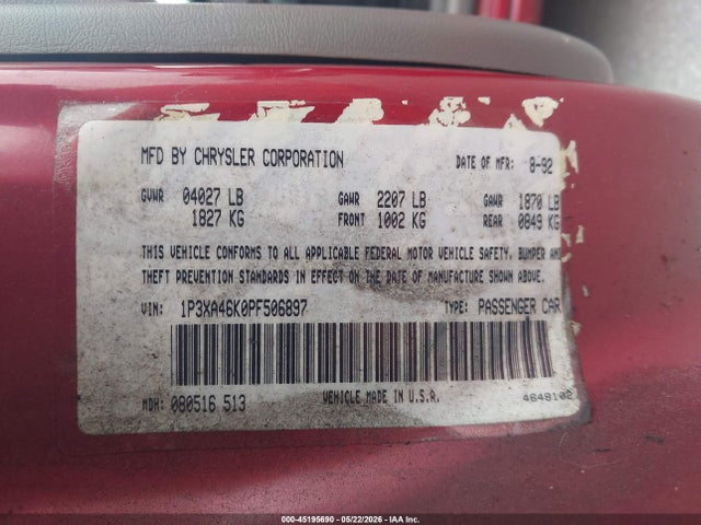Aukcja sprzedaży 1993 Plymouth Acclaim, vin: 1P3XA46K0PF506897, numer aukcji: 45195690