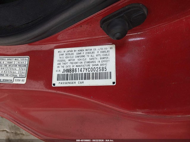 Aukcja sprzedaży 2000 Honda Prelude, vin: JHMBB6147YC002585, numer aukcji: 45195693