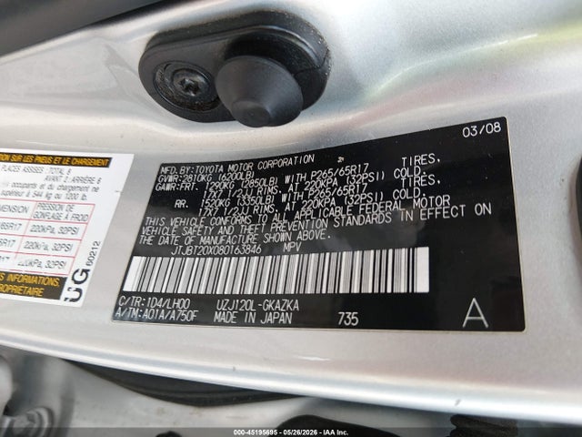 Aukcja sprzedaży 2008 Lexus Gx 470, vin: JTJBT20X080163846, numer aukcji: 45195695