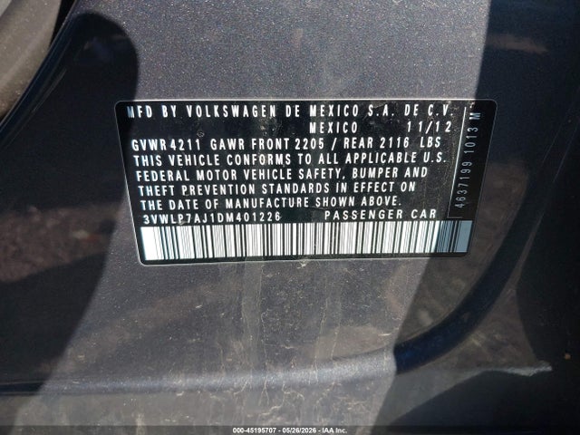 45195707 :رقم المزاد ، 3VWLP7AJ1DM401226 vin ، 2013 Volkswagen Jetta 2.5l Sel مزاد بيع